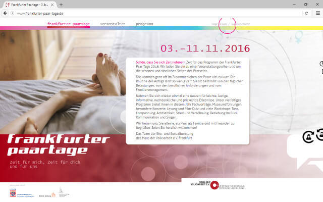 Screenshot Webdesign / Frankfurter Paartage 2016 / Startseite