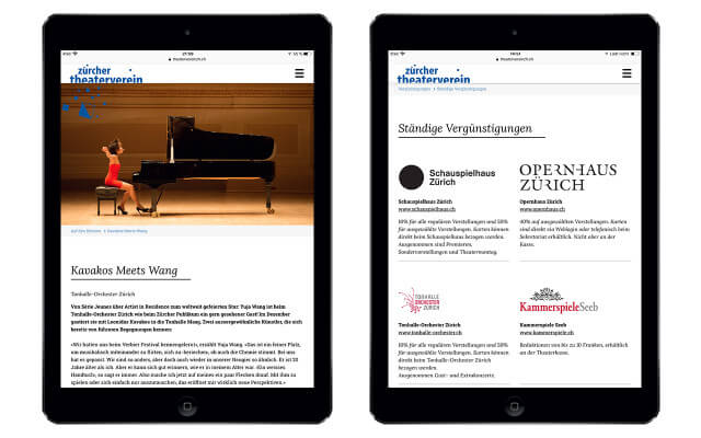 Screenshot Webdesign Zürcher Theaterverein / iPad Portrait