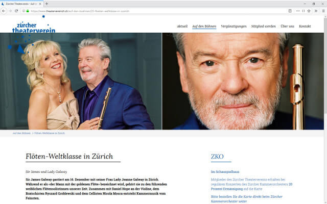 Screenshot Webdesign Zürcher Theaterverein / Flötenweltklasse