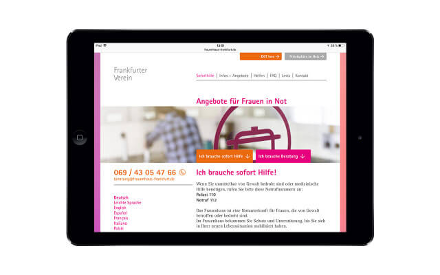 Screenshot Webdesign Angebote für Frauen in Not / iPad Landscape