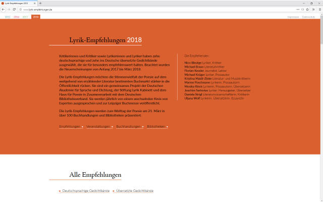 Screenshot Lyrik-Empfehlungen 2018 / Webdesign / Einstieg