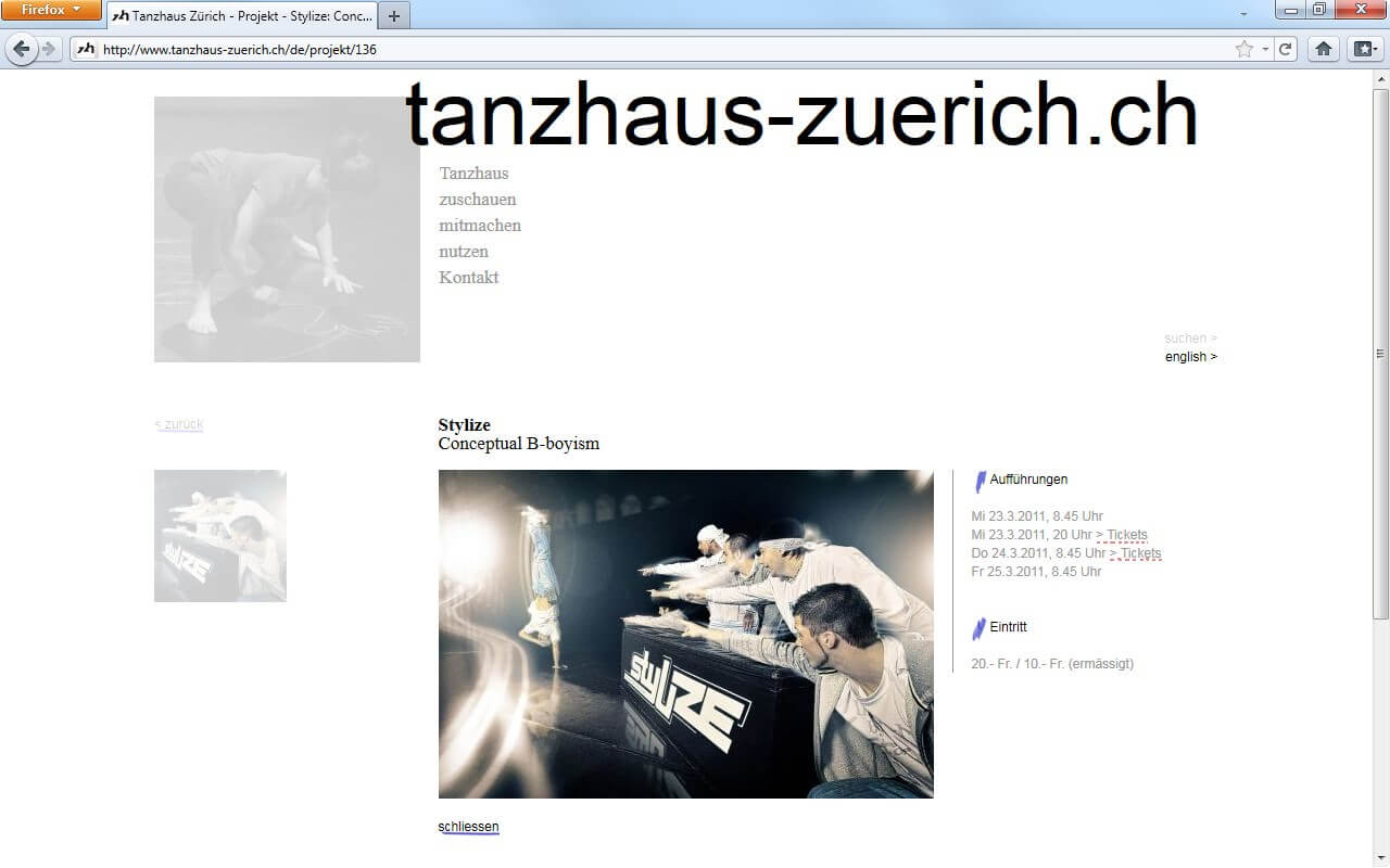 Tanzhaus Zürich: Projektseite mit angewähltem Foto
