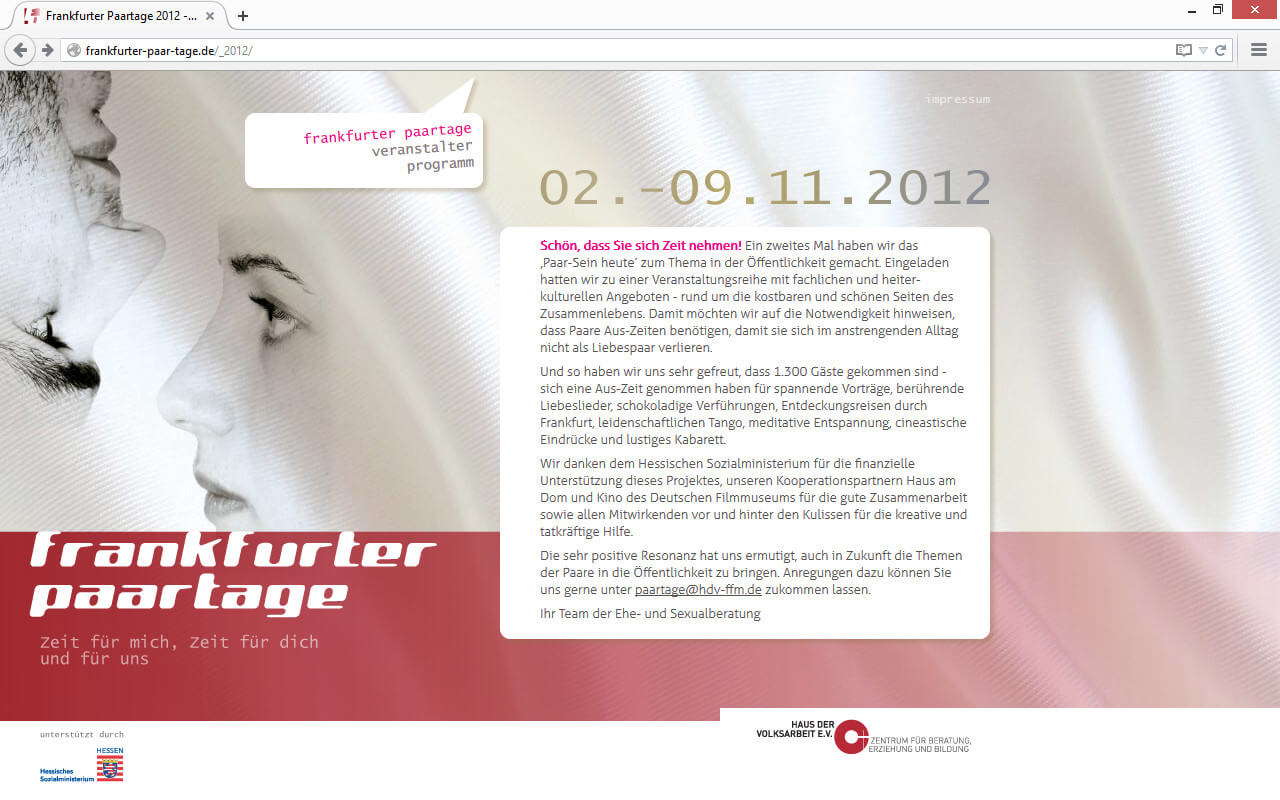 frankfurter paartage Haus der Volksarbeit e.V.: Webdesign / Frankfurter Paartage 2012 / Startseite