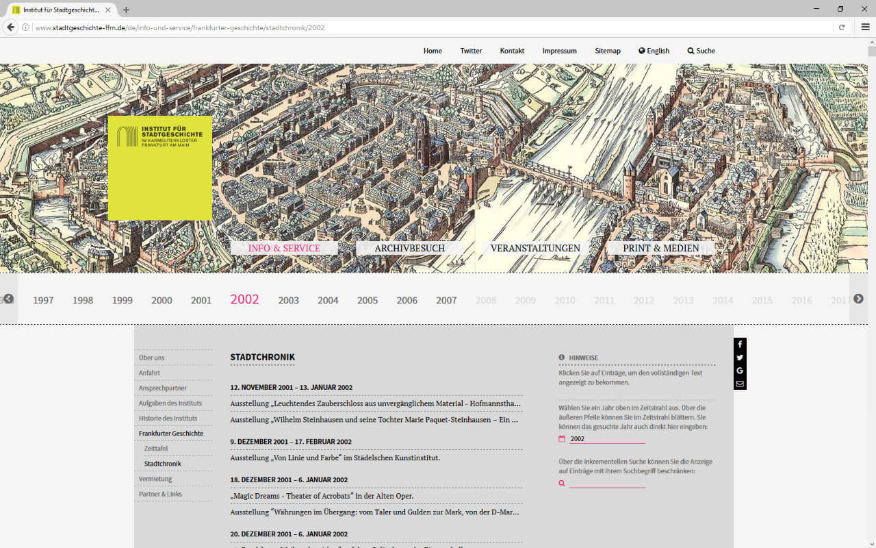 Institut für Stadtgeschichte: Webdesign / ISG Frankfurt / Stadtchronik