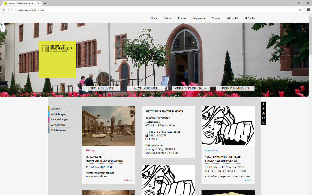 Institut für Stadtgeschichte: Webdesign / ISG Frankfurt / Landing Page
