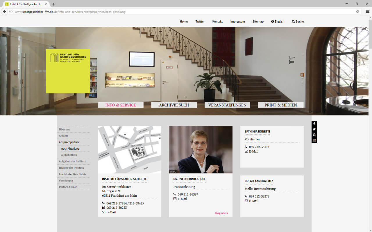 Institut für Stadtgeschichte: Webdesign / ISG Frankfurt / Ansprechpartner