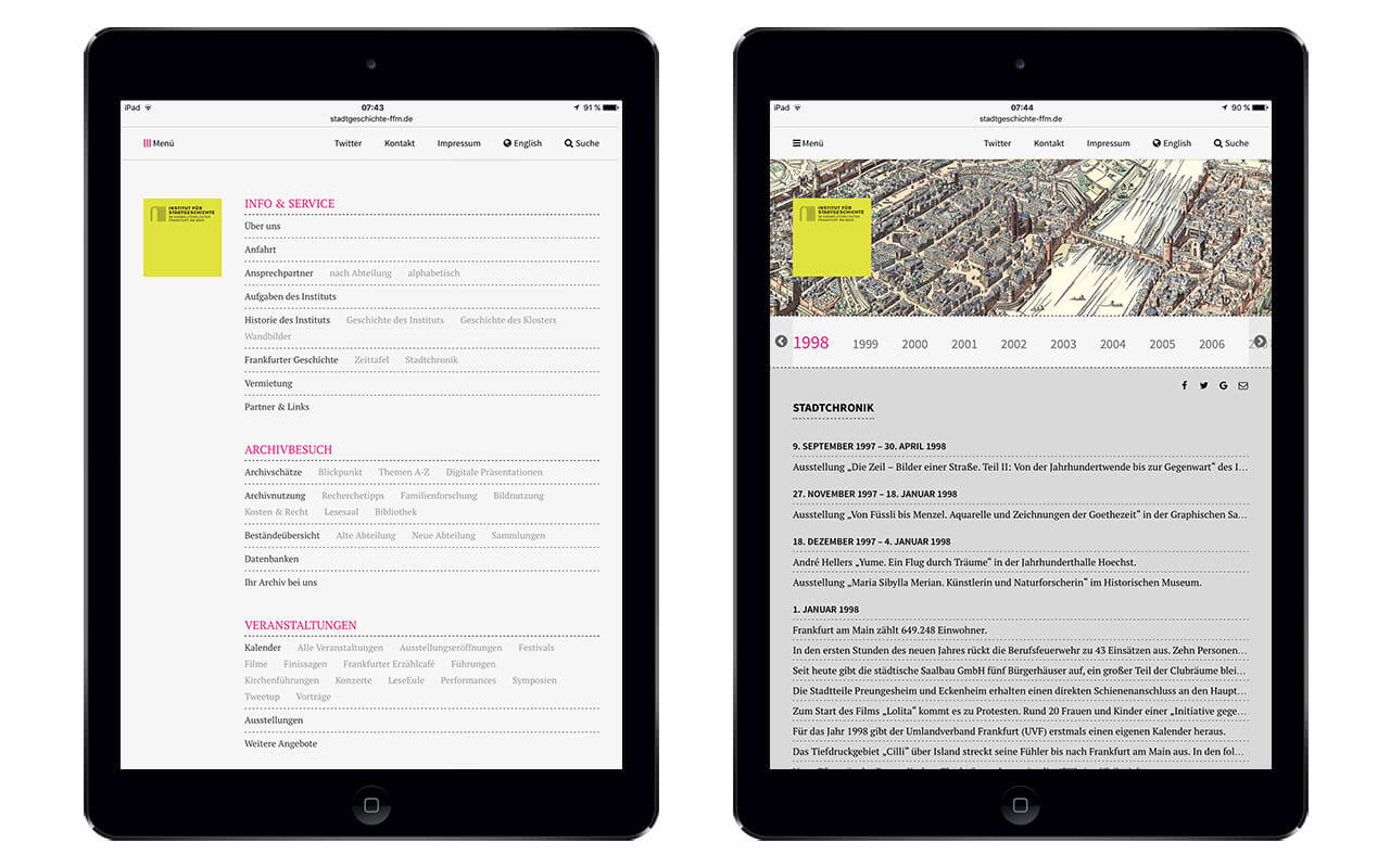 Institut für Stadtgeschichte: Webdesign / ISG Frankfurt / iPad hochkant 1