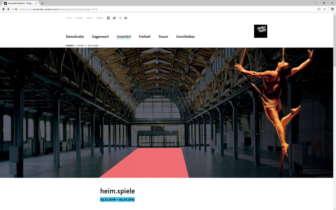 Ensemble Modern (2016): Webdesign / Ensemble Modern / Projektseite heim.spiele