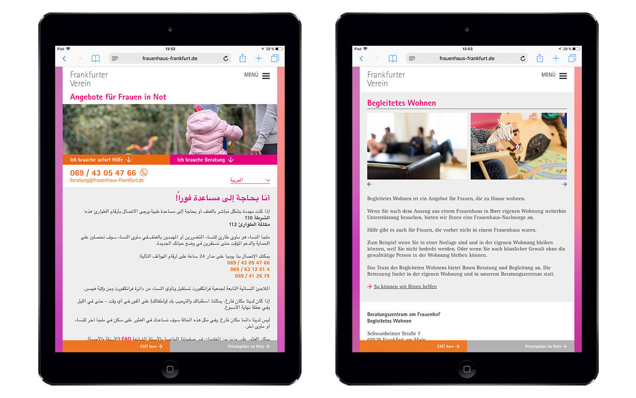 Angebote für Frauen in Not Frankfurter Verein: Webdesign Angebote für Frauen in Not / iPad Portrait