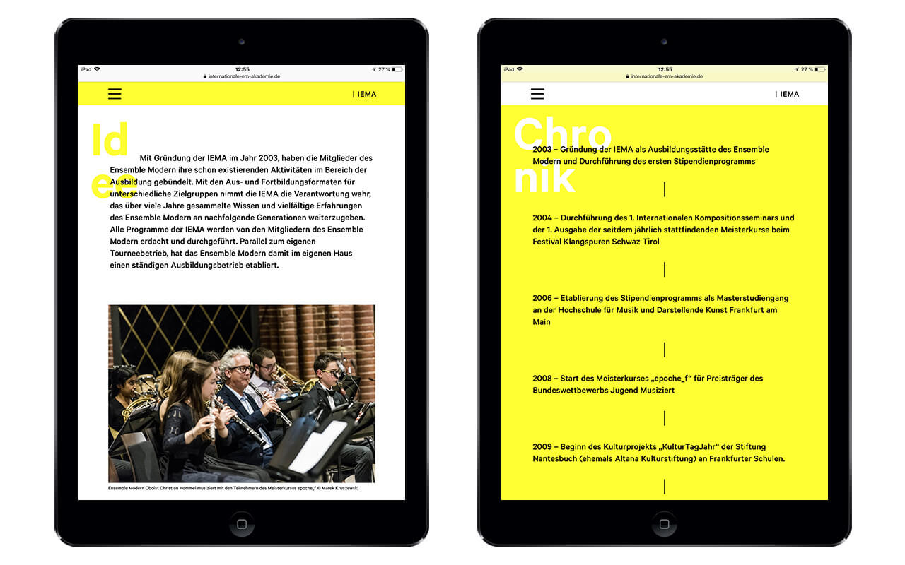 Internationale Ensemble Modern Akademie: Webdesign / IEMA / iPad