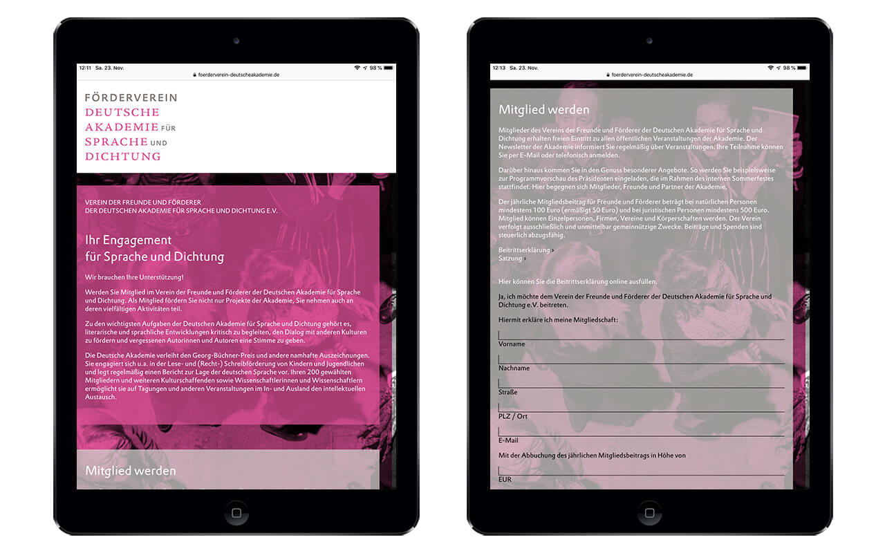 Förderverein der Deutschen Akademie für Sprache und Dichtung: Förderverein Deutsche Akademie / Webdesign / iPad
