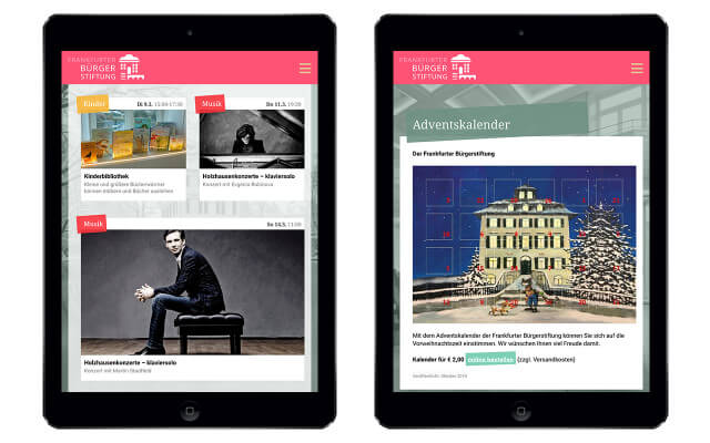 Screenshot Frankfurter Bürgerstiftung / iPad / Veranstaltungen + Kalender