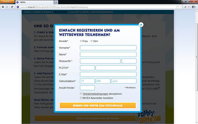Screenshot FUNNY & SUNNY - Anmeldeformular