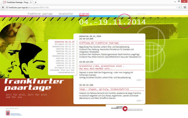 Screenshot Webdesign / Frankfurter Paartage 2014 / Programm