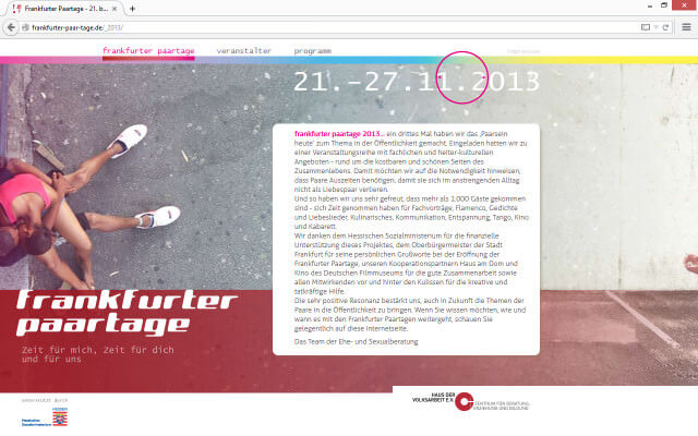 Screenshot Webdesign / Frankfurter Paartage 2013 / Startseite