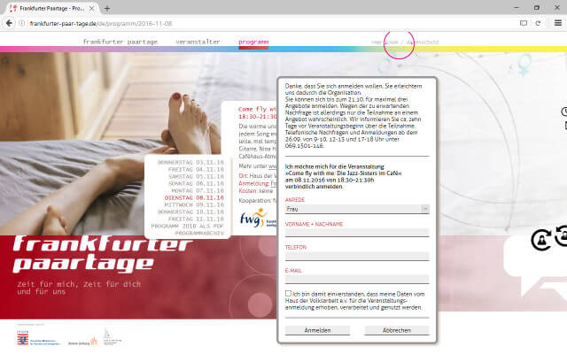 Screenshot Webdesign / Frankfurter Paartage 2016 / Formular