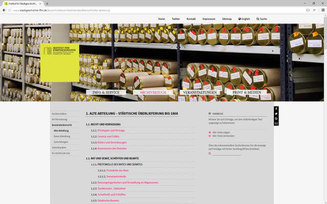Screenshot Webdesign / ISG Frankfurt / Beständeübersicht