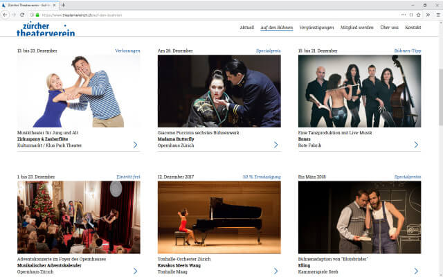 Screenshot Webdesign Zürcher Theaterverein / Auf den Bühnen
