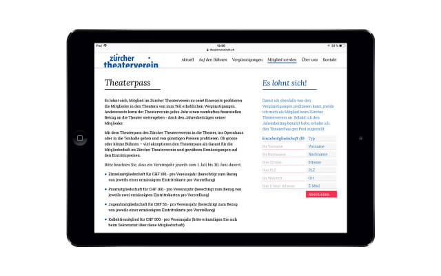 Screenshot Webdesign Zürcher Theaterverein / iPad