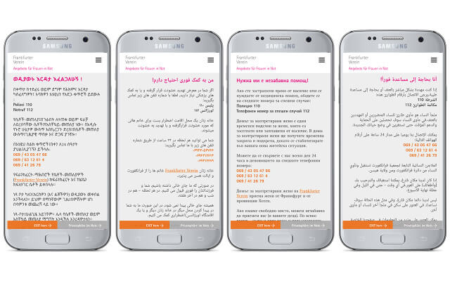 Screenshot Webdesign Angebote für Frauen in Not / Smartphone Sprachen