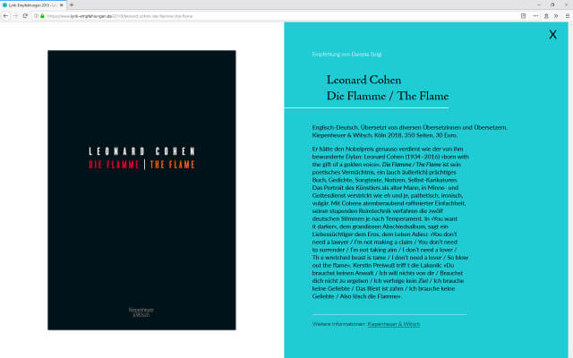 Screenshot Lyrik-Empfehlungen 2019 / Leonard Cohen