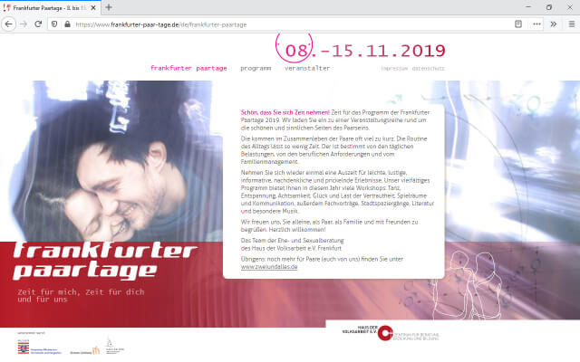 Screenshot Webdesign / Frankfurter Paartage 2019 / Startseite