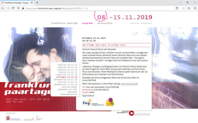 Screenshot Webdesign / Frankfurter Paartage 2019 / Programm